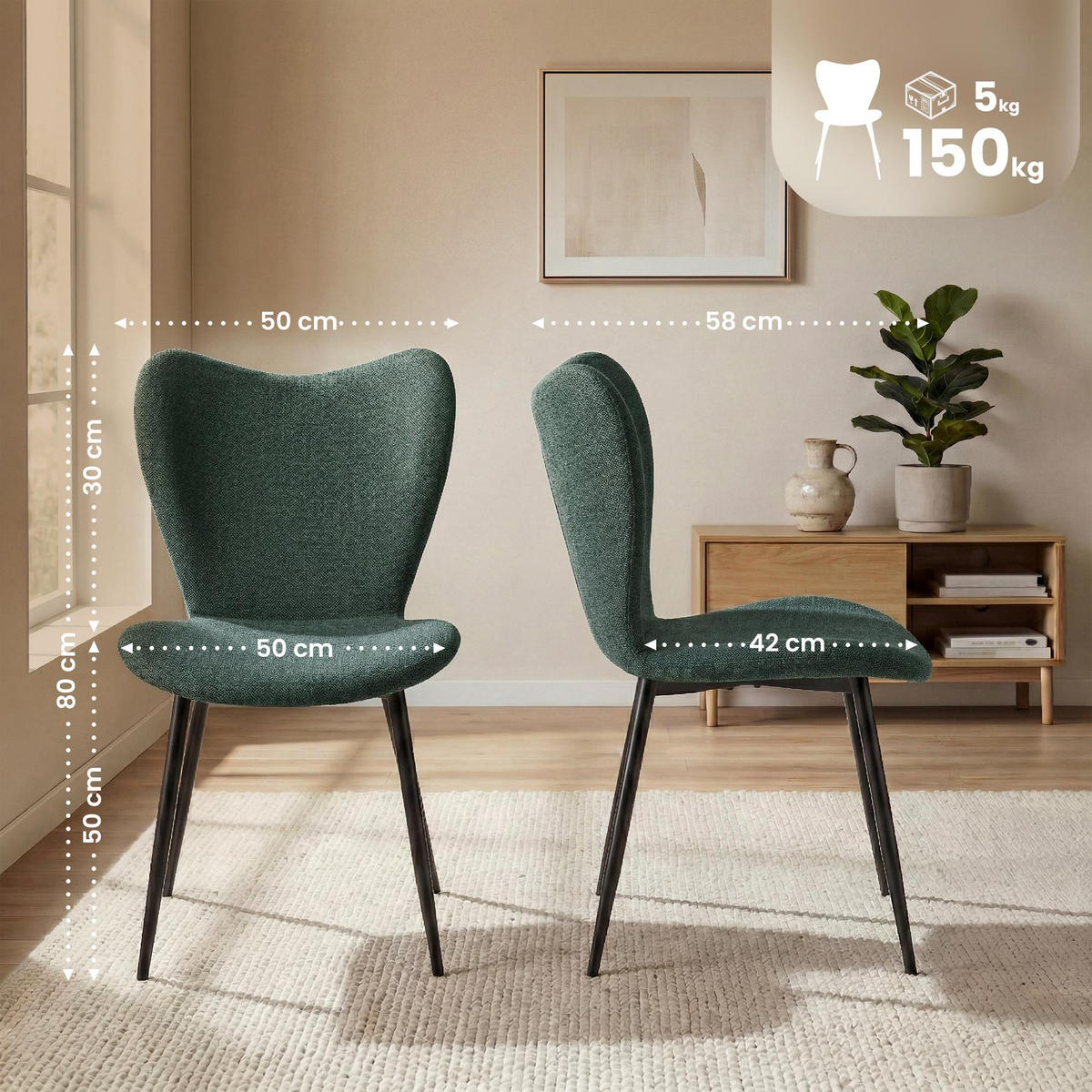 ESSZIMMERSTUHL Stoff Grün - Schwarz/Grün, Textil/Metall (50/80/58cm) - CLP