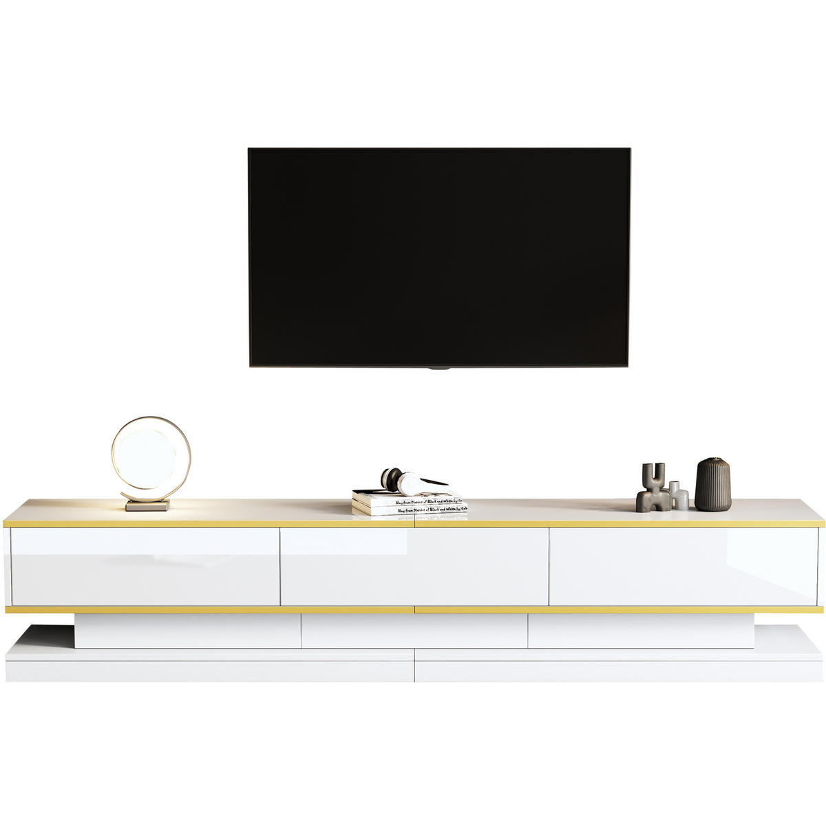 TV-LOWBOARD- und Couchtisch-Set 200x40x40 cm aus Spanplatte Weiß mit Goldrand, Schubladen und offenen Fächern - Weiß, Holzwerkstoff (200/40/40cm) - IVMEU
