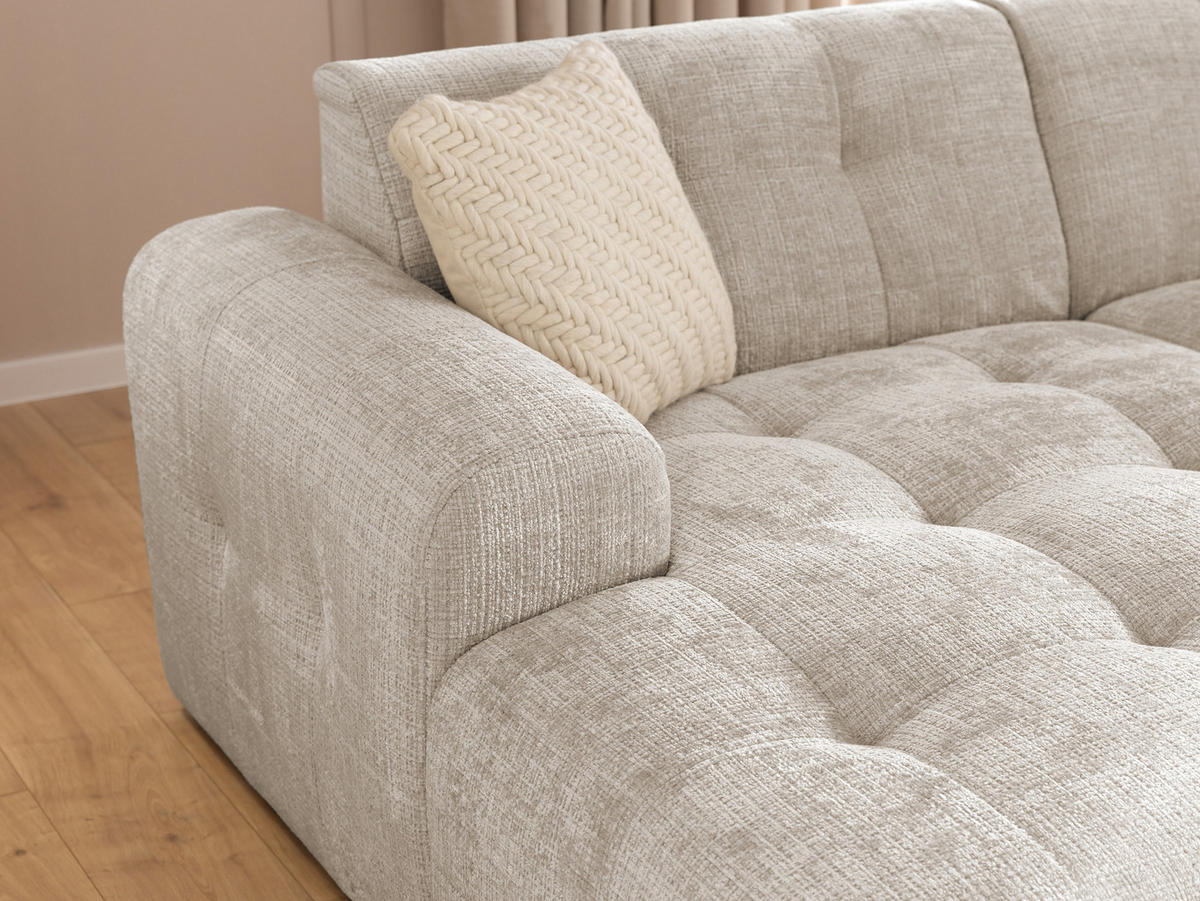 ECKSOFA Kozy im Bumpy-Design mit fester Rückenlehne aus weichem Dunkelbeige Chenille-Stoff - Ottomane links - Beige/Schwarz, Holz/Kunststoff (161/234cm) - S-Style Möbel