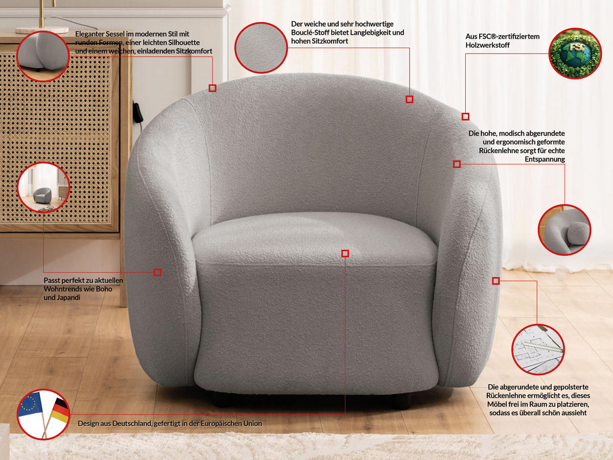 SESSEL Roundi Grau Bouclé - Schwarz/Grau, Holz/Kunststoff (90/76/80cm) - S-Style Möbel