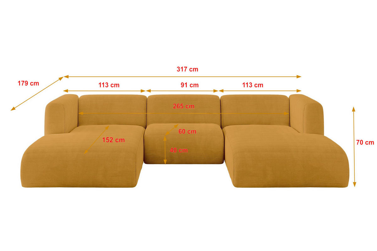 WOHNLANDSCHAFT MIRA-U1 317x179x70 Senfgelb Cord - Currygelb/Schwarz, Holzwerkstoff/Kunststoff (317/70/179cm) - ALTDECOR