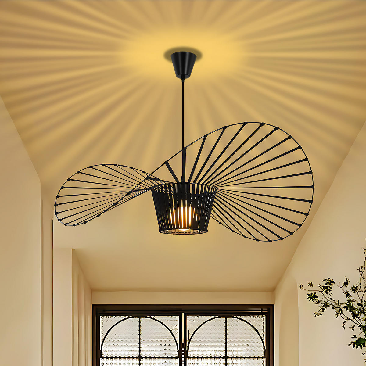 HÄNGELEUCHTE Strohhut 60/60/150 cm - Schwarz, Metall (60/60/150cm) - Nettlife