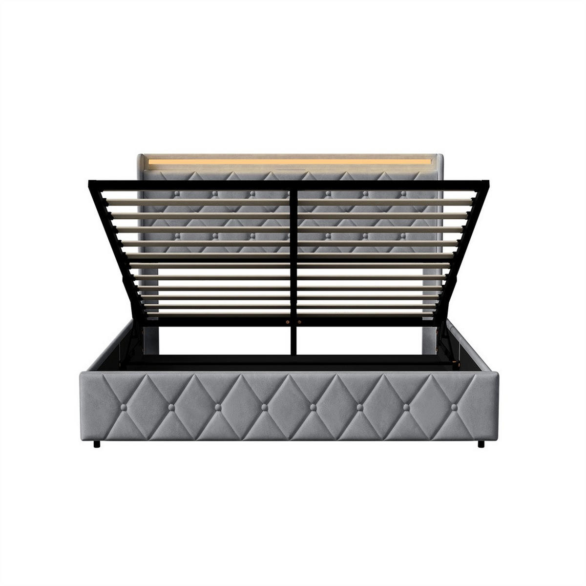 POLSTERBETT 160x200 cm mit hydraulischem Stauraum - Kopfteil Regal & LED - USB - ohne Matratze - Grau - Grau, Textil (160/200cm) - DELFA