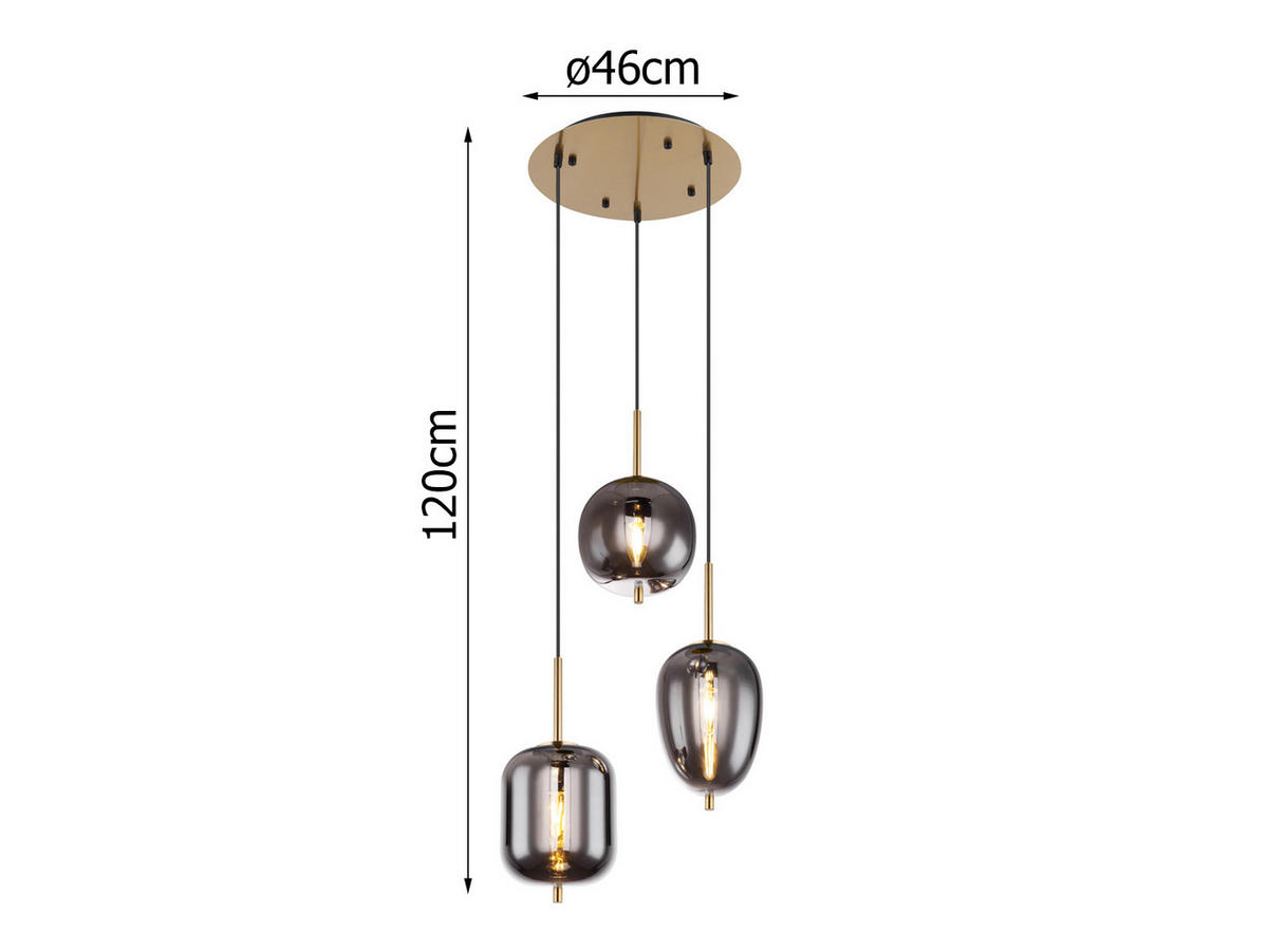 LED-PENDELLEUCHTE Messing Ø46cm, Glaskugeln Rauchglas - Messingfarben/Schwarz, Glas (46/46/120cm) - meineWunschleuchte