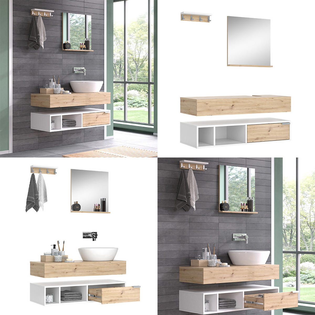 BADMÖBEL-SET Henri Weiß 4 Teile - Weiß/Eiche Artisan, Holzwerkstoff (100/20/40cm) - Vicco