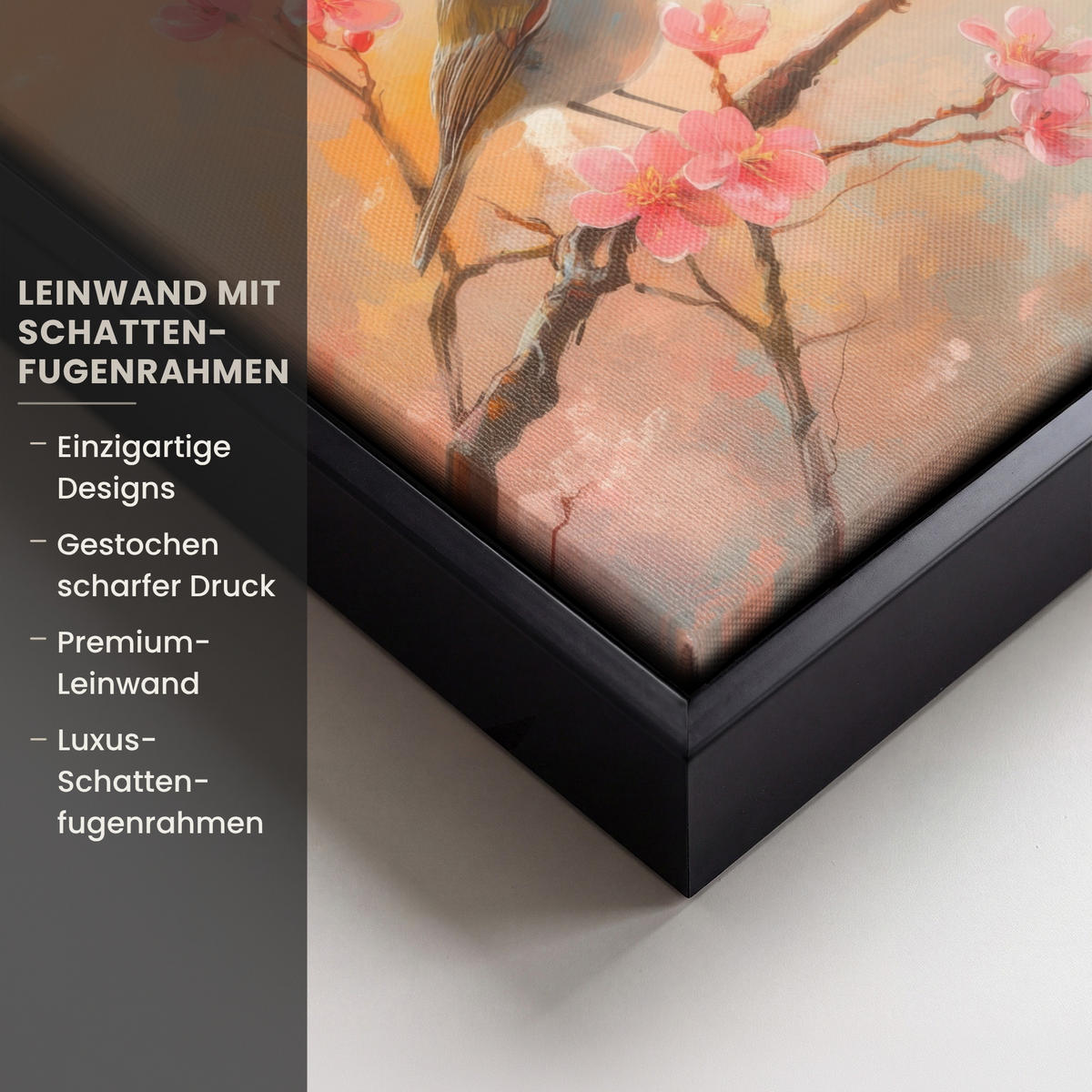 LEINWAND Bilder mit Rahmen - Rotkehlchen - Zierpflanze - Blütenzweig - 20x20 - Hellrosa, Textil (20/20cm) - MuchoWow