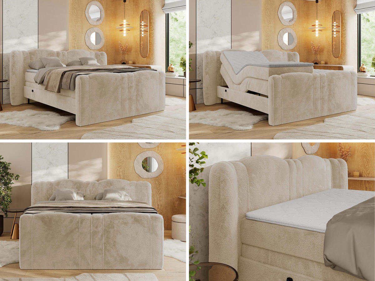 BOXBETT FORTINA 180/200 - Creme Plüsch - H3 - Creme, Holz/Textil (180/200cm) - MKS