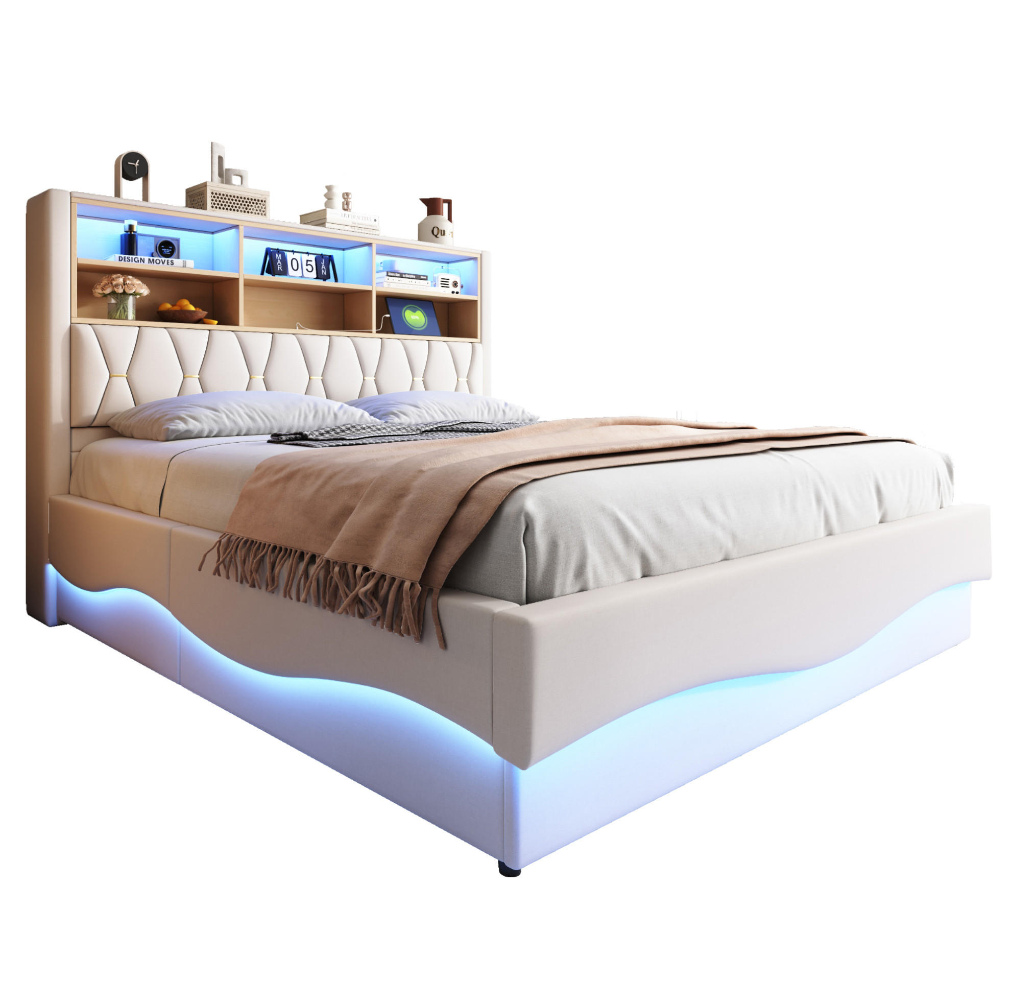 ČALÚNENÁ posteľ z kovu 180x200 cm béžová s LED osvetlením, USB portom a hydraulickým úložným priestorom - béžová, kov (180/200cm) - Modfu