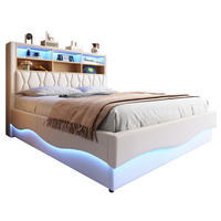 ČALÚNENÁ posteľ z kovu 180x200 cm béžová s LED osvetlením, USB portom a hydraulickým úložným priestorom - béžová, kov (180/200cm) - Modfu