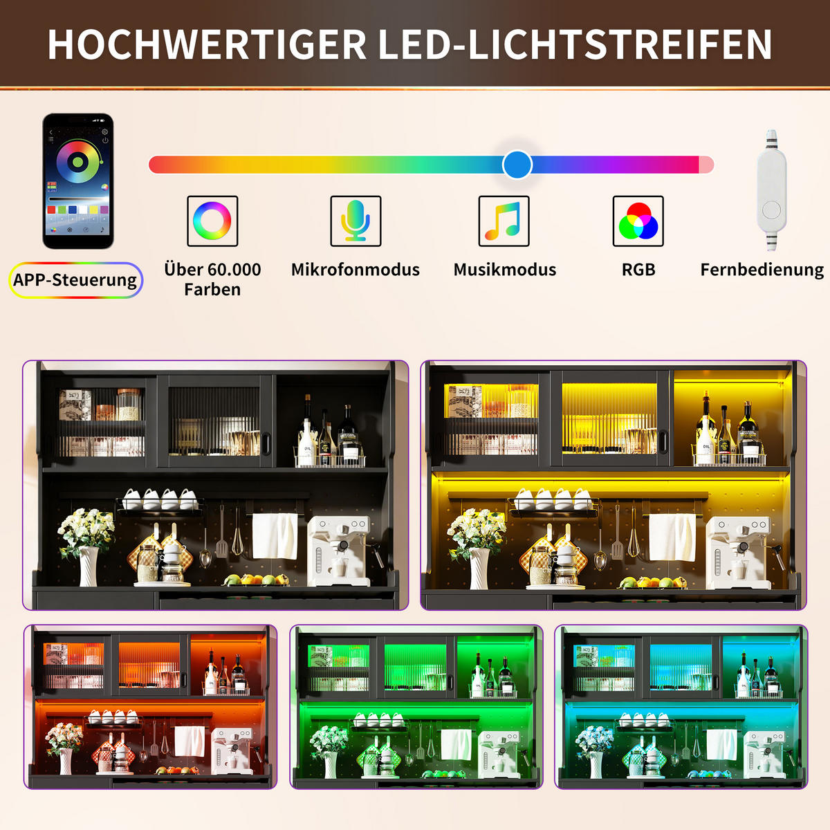 BUFFETSCHRANK 145/39/171 cm schwarz aus MDF mit LED-Lichtleiste - Schwarz, Holzwerkstoff (145/171/39cm) - OKWISH