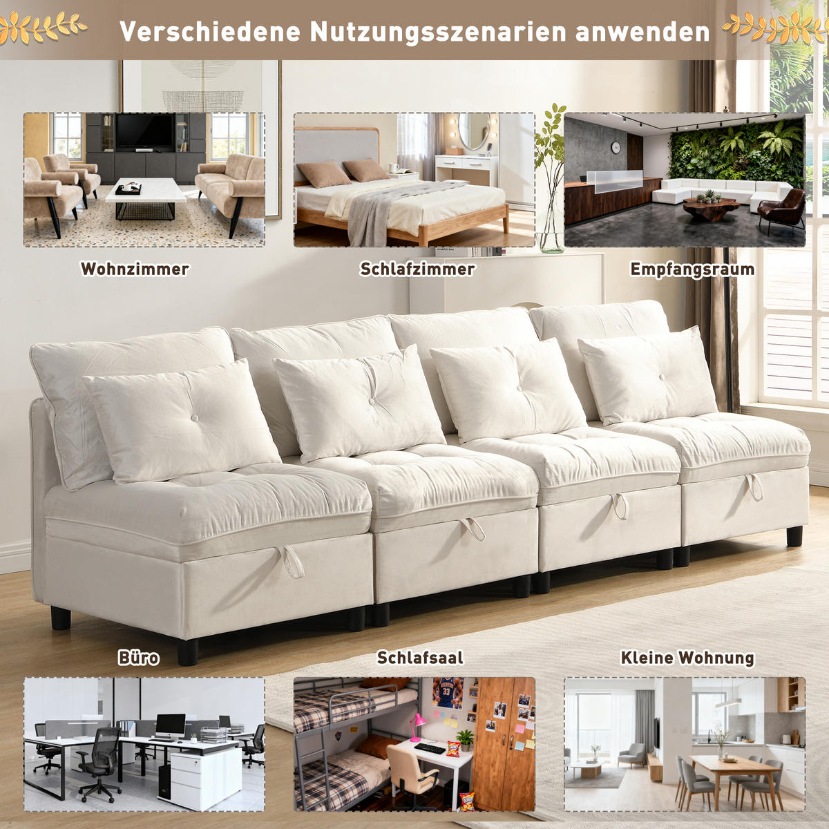 SOFA 4-Sitzer Chenille mit Stauraum und Schlaffunktion Beige 274/76/87 cm - Beige, Textil (274/87/76cm) - Redom