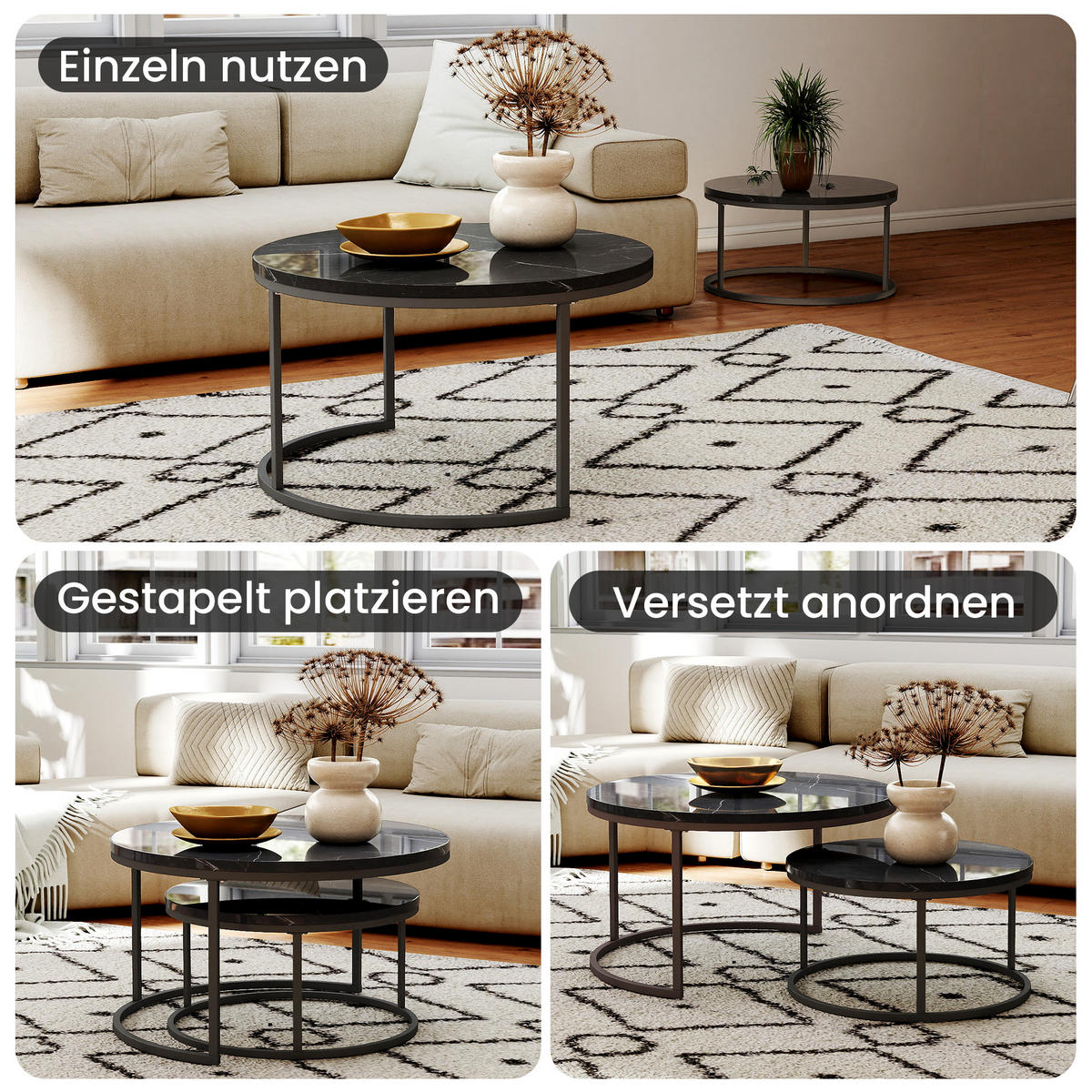 COUCHTISCH in Schwarz Hitzebeständiger Wohnzimmertisch mit Marmor-Optik Platte Sofatisch mit Metallgestell - Schwarz, Holzwerkstoff/Metall (80/80/45cm) - STILVORA