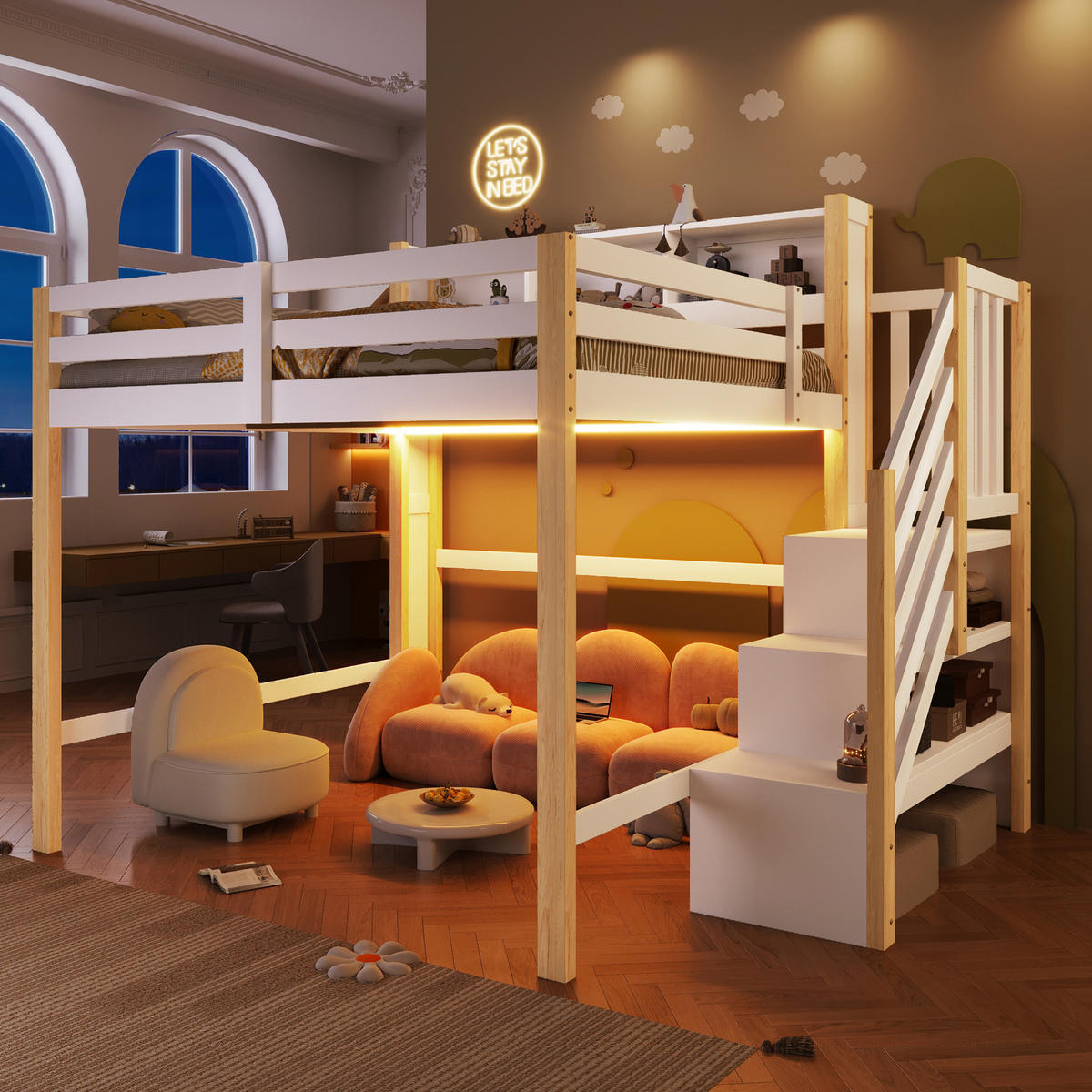 HOCHBETT 140/200 cm DE-33119 mit LED und Stauraumtreppe Weiß/Natur - Naturfarben, Holzwerkstoff (140/200cm) - ComfortXL