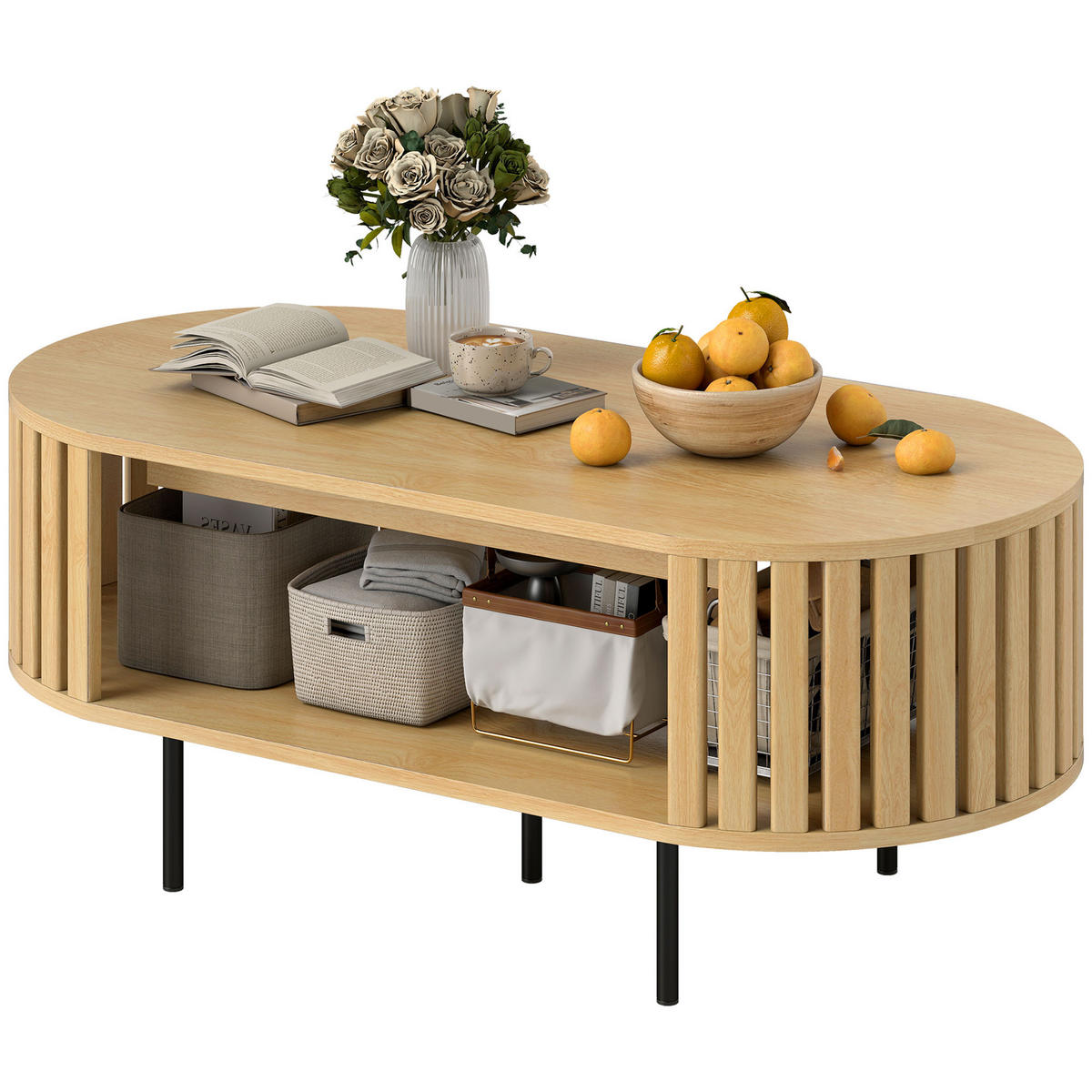 COUCHTISCH DE-15825 Lamellen-Design mit zwei Ablagen Naturholz - Naturfarben, Holzwerkstoff (100/50/40cm) - ComfortXL