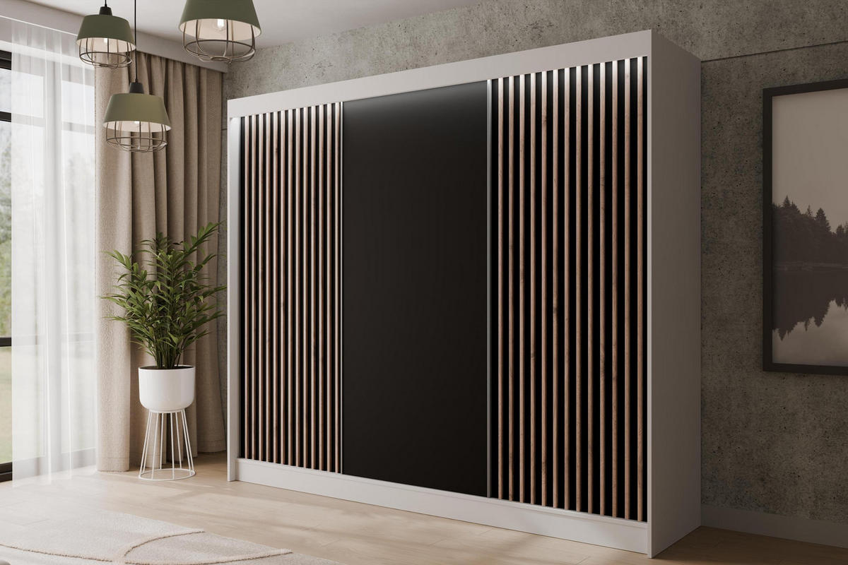 KLEIDERSCHRANK mit LED, Lamel-Schiebetüren VILANv2 - 250 cm Weiß + Lamelle Eiche Wotan - Eiche Wotan/Weiß, Holzwerkstoff (250/215/61cm) - ALTDECOR