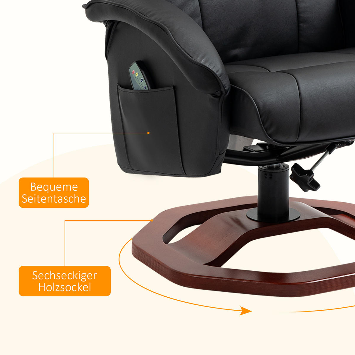 MASSAGESESSEL mit Hocker, Liegefunktion, Fernbedienung, bis 150 kg - Schwarz, Leder (83/106/73cm) - HOMCOM
