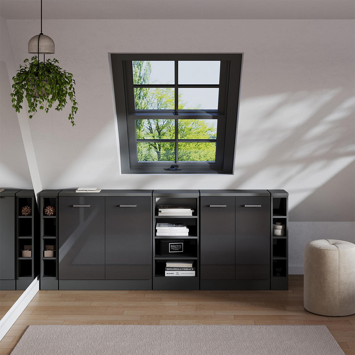 DACHSCHRÄGENSCHRANK-SET Rion Anthrazit Hochglanz 210 cm 5er Set Schrankkorpuss 60 cm Tiefe - Schwarz Hochglanz/Anthrazit, Holzwerkstoff (210/83.8/60cm) - Vicco