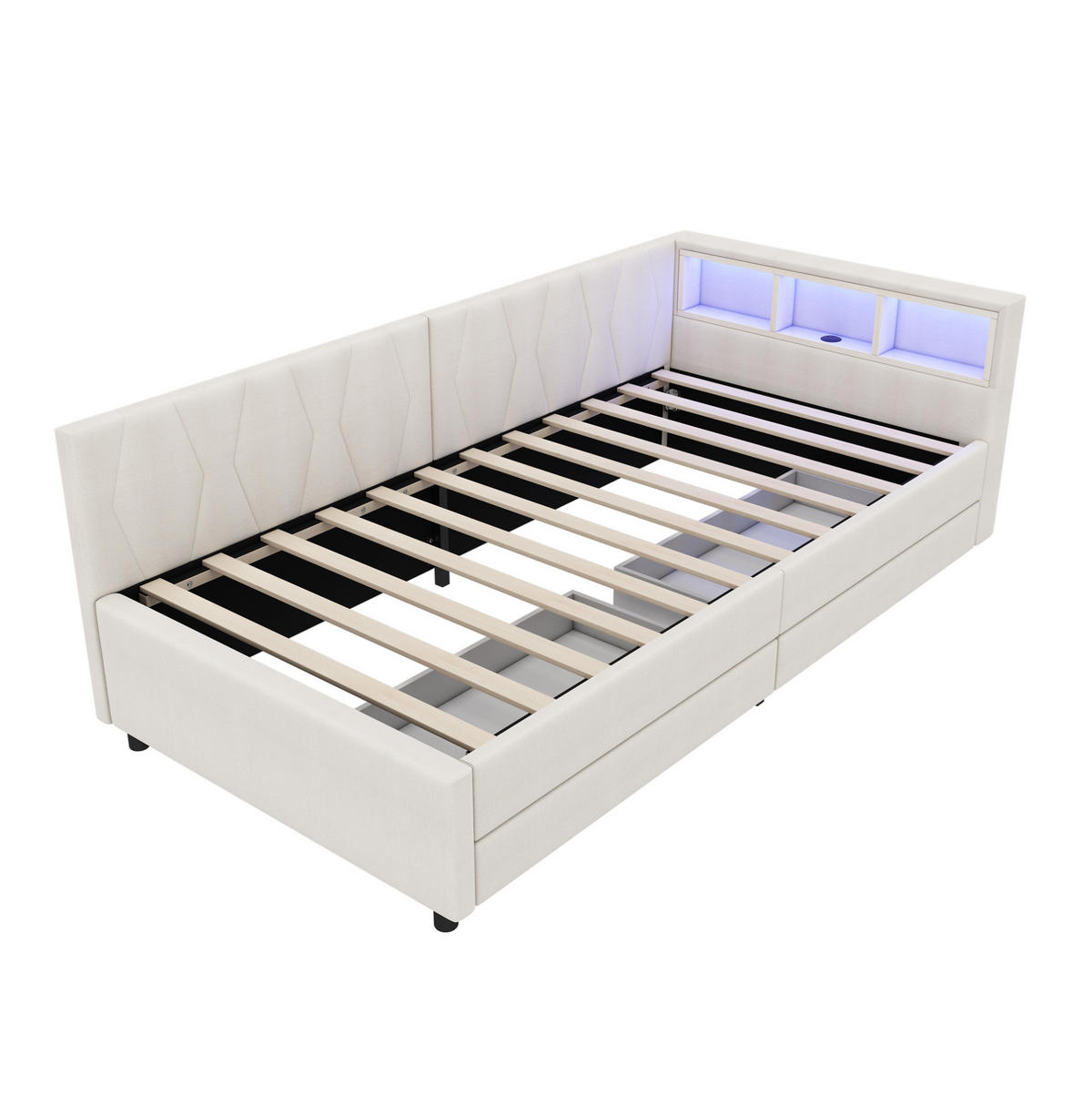 POLSTERBETT 90/200 cm in Beige mit LED-Beleuchtung, 2 Schubladen und USB- und Type-C-Anschlüssen - Beige, Textil (90/200cm) - Flora Grace