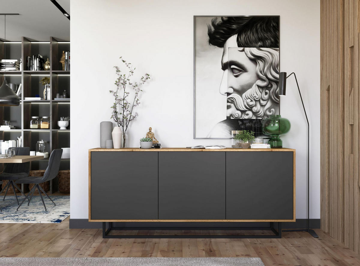 KOMMODE Apollo 3D Eiche wotan Graphit Matt 168 cm - Graphitfarben/Schwarz, Holzwerkstoff/Metall (168/72/35cm) - Meble Lindner