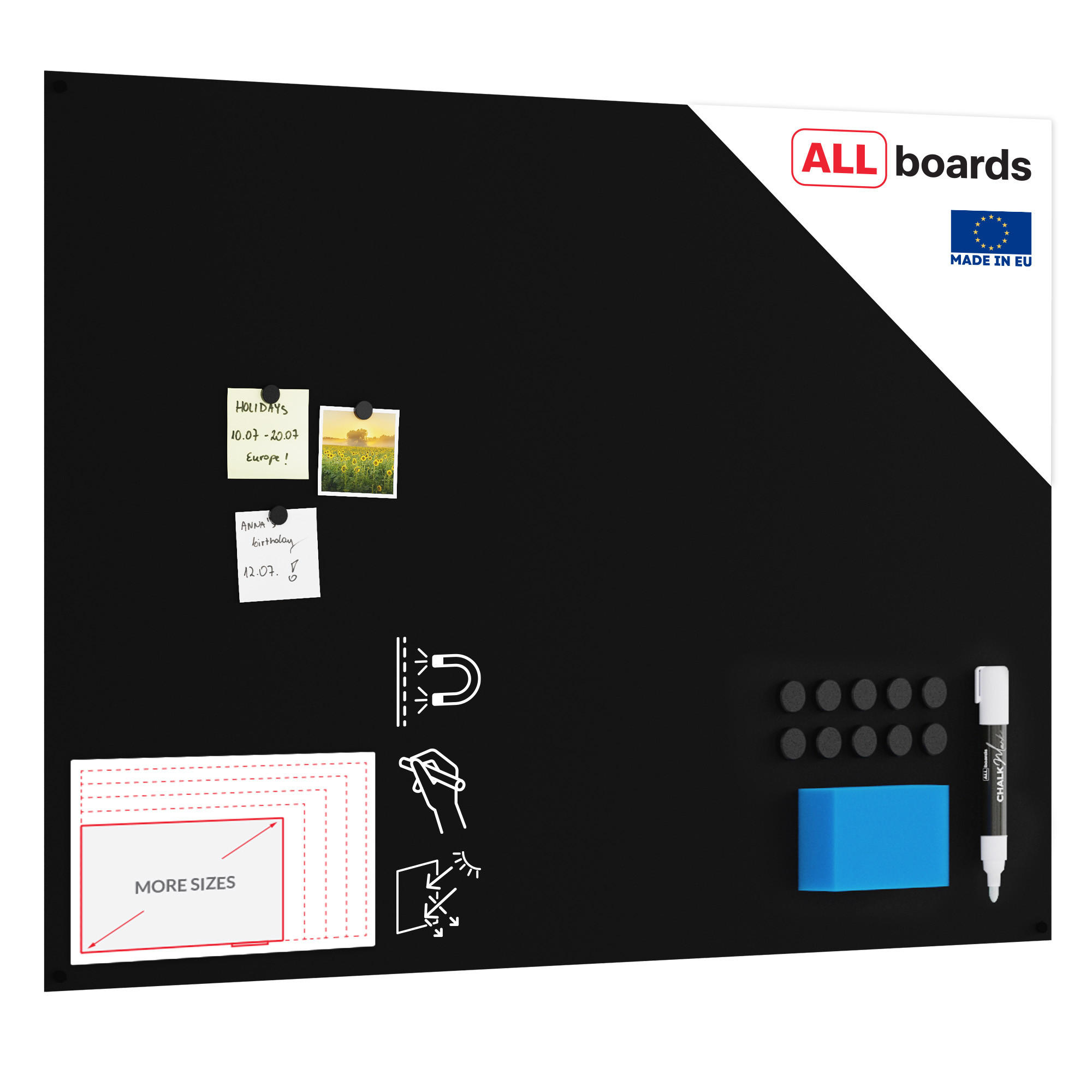 MAGNETPLATTE rahmenloses SLIMboard - Kreideoberfläche - 120x90 cm - Schwarz, Metall (120/90/0.3cm) - ALLboards