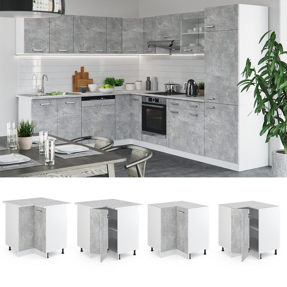 ECKUNTERSCHRANK R-Line Beton 75.6 cm ohne AP - Schieferfarben/Hellgrau, Holzwerkstoff (75.6/81.6/46cm) - Vicco