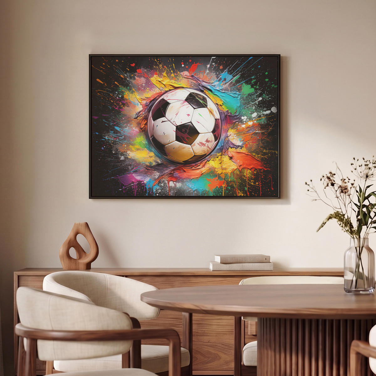 LEINWAND Bilder mit Rahmen - Fußball - Farbe - Farben - Schwarz - Weiß - 80x60 - Weiß, Textil (80/60cm) - MuchoWow