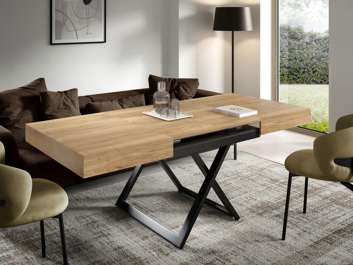COUCH-/ESSTISCH Sanna U Halifax Eiche natur 120 - 200 / 80 / 27 - 80cm - Alteiche/Schwarz, Holz/Holzwerkstoff (80/120/27cm) - Feldmann-Wohnen