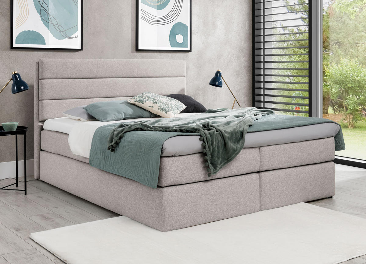 BOXBETT Sequoio 180/200 cm in Beige – mit Matratze und Topper - Beige/Schwarz, Holz/Holzwerkstoff (180/200cm) - AX Living