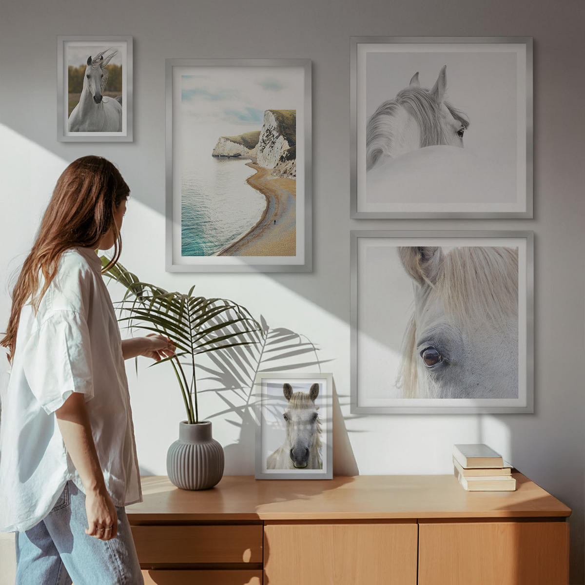 BILDER SET 5er Set - 50x50 cm & 20x30 cm & 40x60 cm Silberner Rahmen - Kontrastierende abstrakte Porträts - Silberfarben, Kunststoff (40/60cm) - TULUP