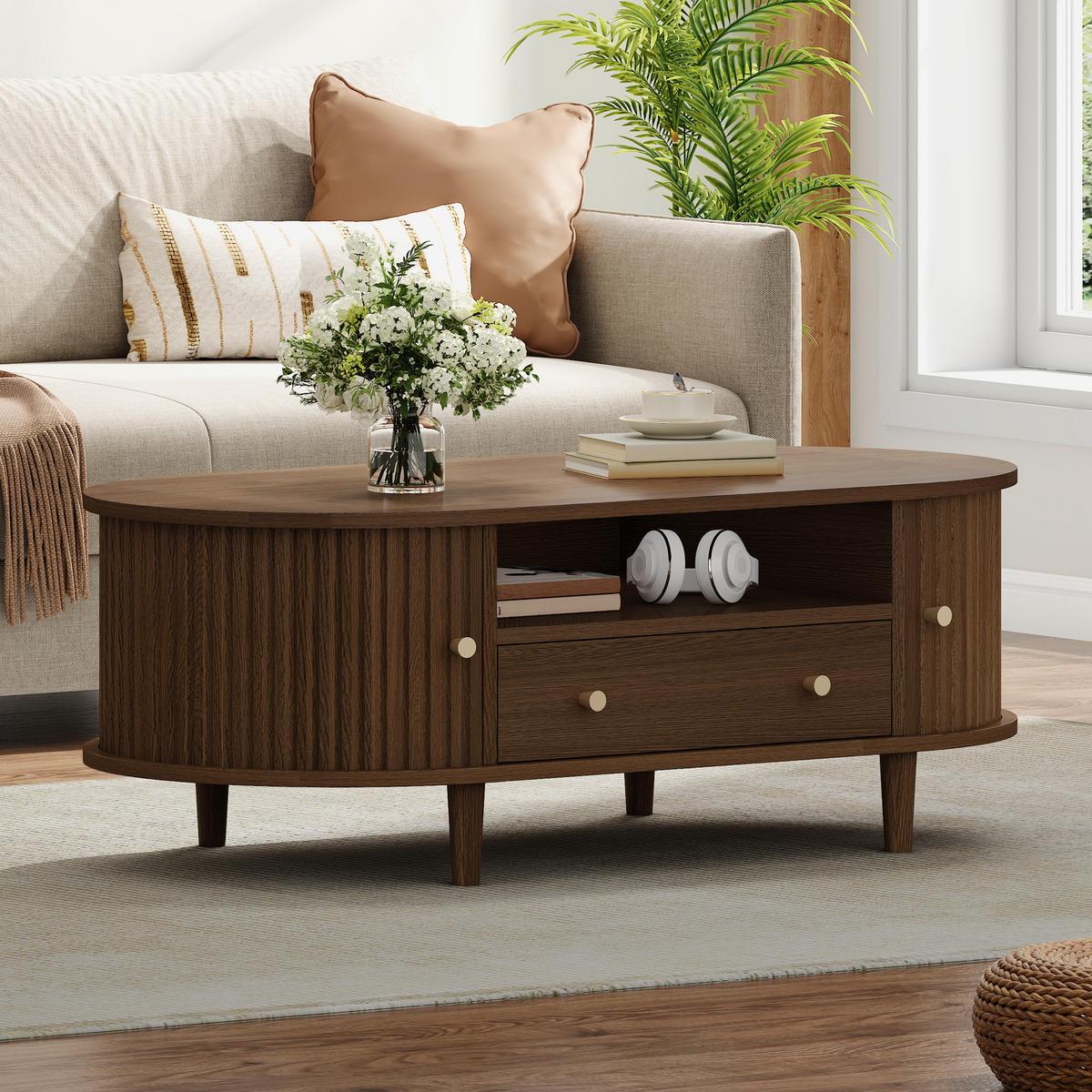 COUCHTISCH Walnuss 1 Schublade Rolltür 4 Beine 100x50x36cm Stauraum - Walnussfarben, Holzwerkstoff (100/50/36cm) - FLIEKS