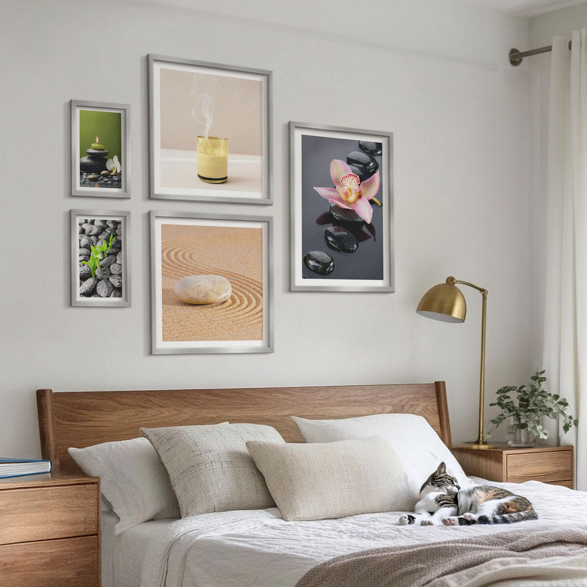 BILDER SET 5er Set - 50x50 cm & 20x30 cm & 40x60 cm Silberner Rahmen - Der Frieden der Natur mit Buddha - Silberfarben, Kunststoff (40/60cm) - TULUP