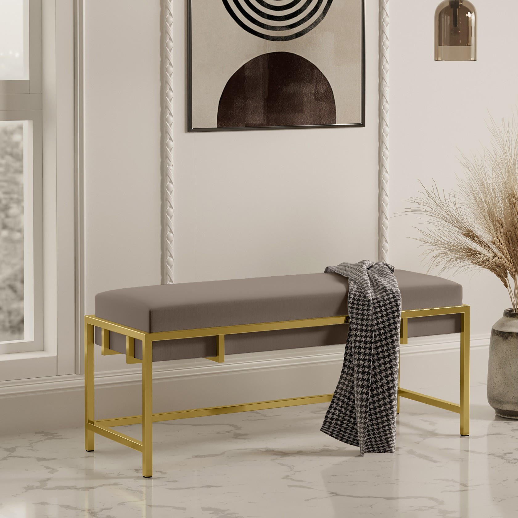 POLSTERBANK LAMO 80 cm Graubraun, Goldenes Gestell, Samtstoff - Dunkelgrau/Goldfarben, Textil/Metall (80/45/35cm) - Bettso