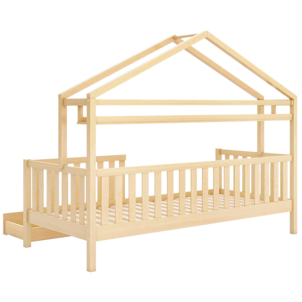 HAUSBETT 90/200 cm aus Kiefernholz mit Schubladen und Ablage - Naturfarben, Holz (90/200cm) - Flora Grace