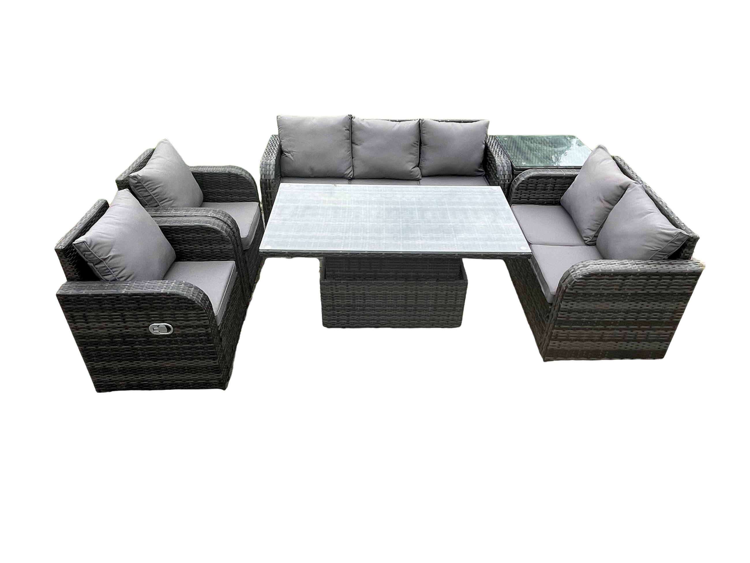 LOUNGESOFA Polyrattan 7-Sitzer - Dunkelgrau/Grau, Glas/Kunststoff - Fimous