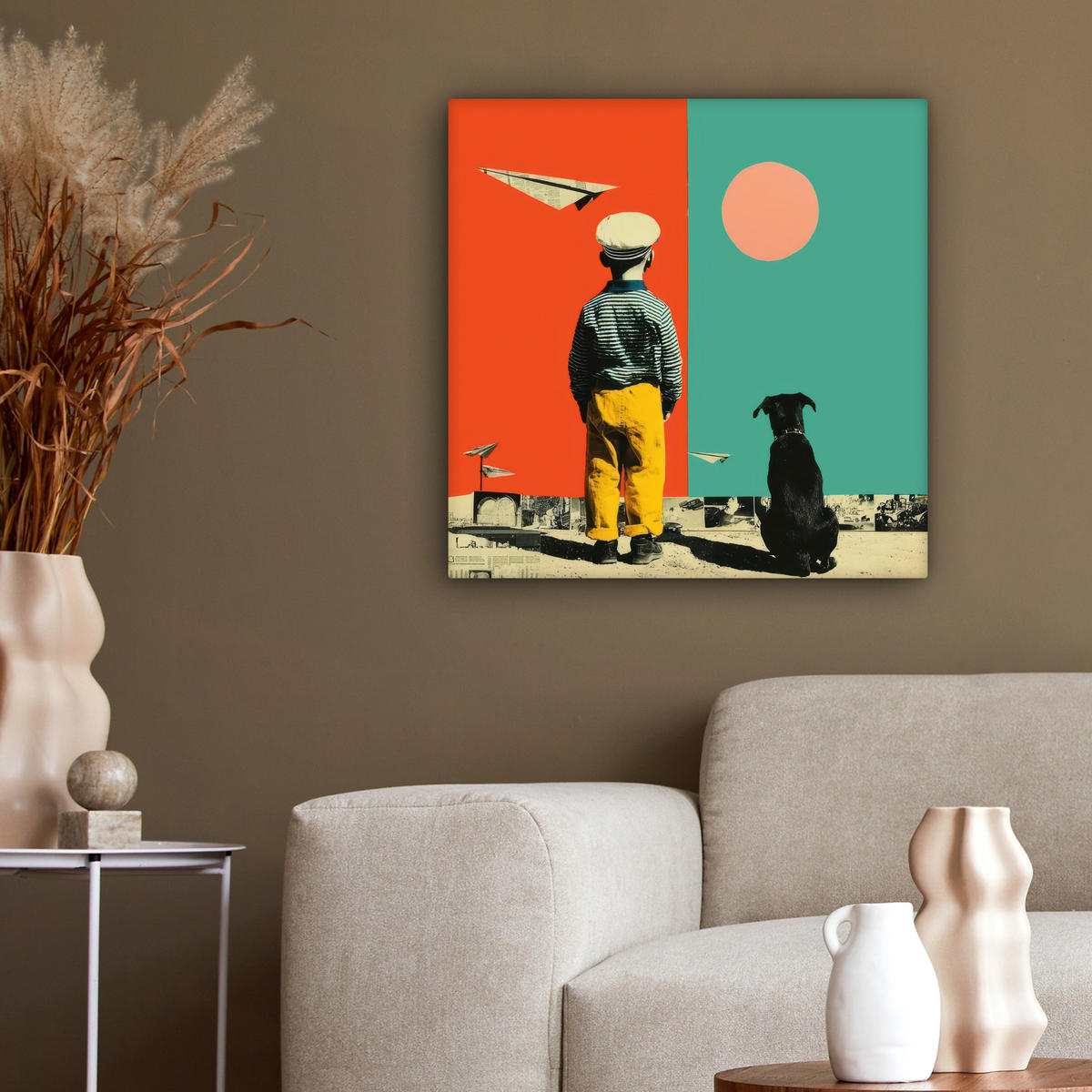 LEINWANDBILD Retro - Junge - Hund - Rot - Grün Wandbild Wohnzimmer 50x50 cm - Orange, Textil (50/50cm) - MuchoWow