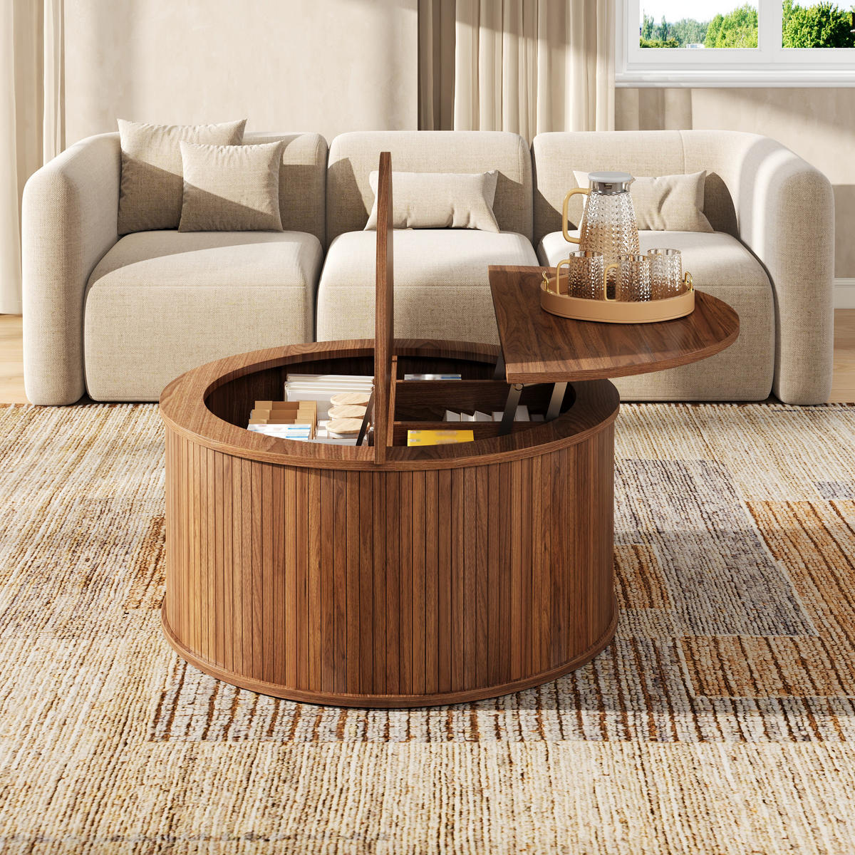 COUCHTISCH rund, MDF, höhenverstellbar mit Stauraum - Walnussfarben, Holzwerkstoff (88/88/53.5cm) - FLIEKS