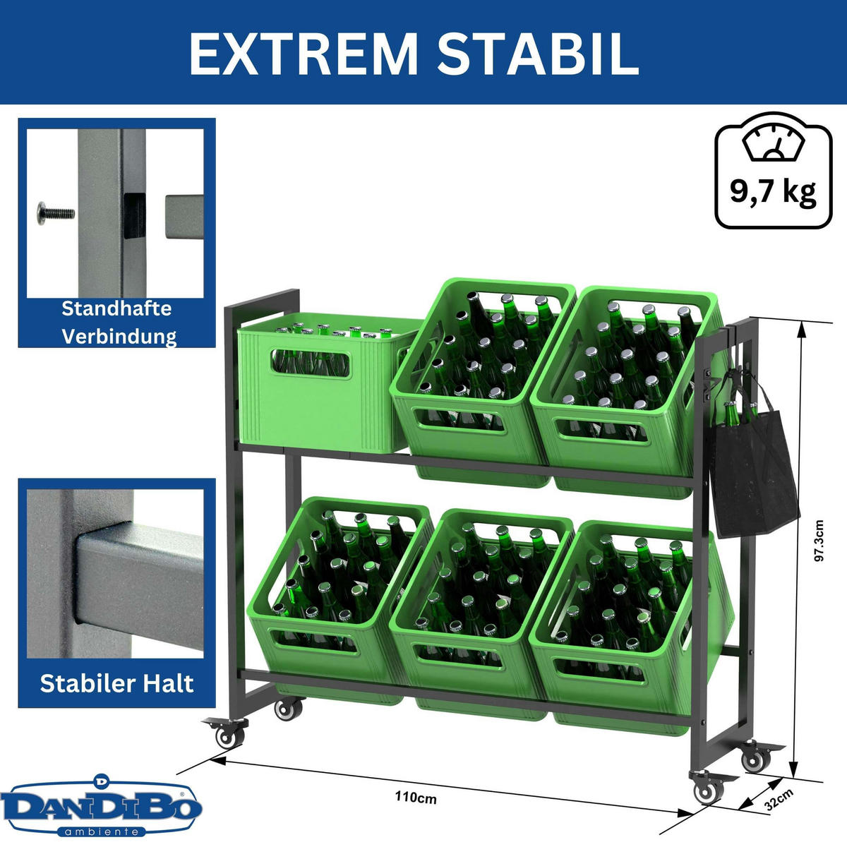 GETRÄNKEKISTENREGAL 6 Kisten mit Gitter Haken Rollen Metall Schwarz - Schwarz, Metall (110/97/32cm) - DanDiBo