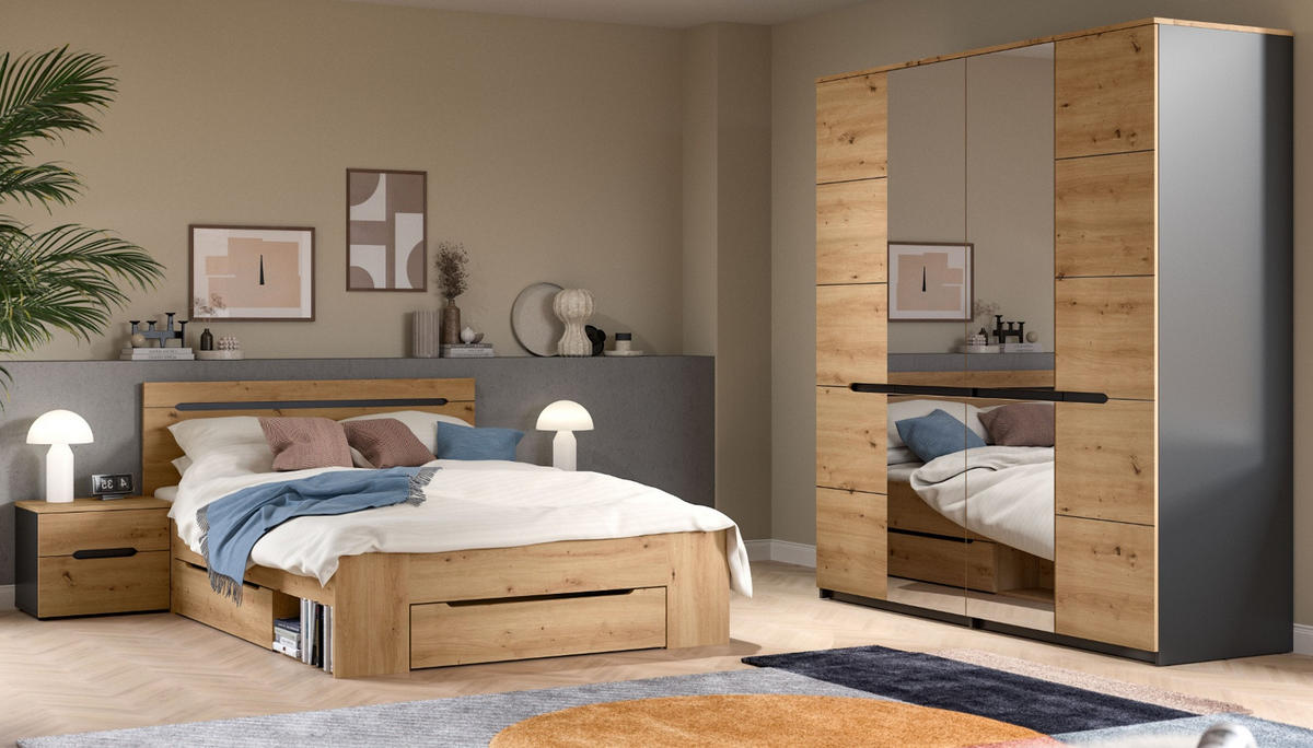 SCHLAFZIMMER Eiche Artisan, grau 4-teilig, Komplettset mit viel Stauraum - Eiche Artisan/Grau, Glas/Holzwerkstoff - Inn.Furn