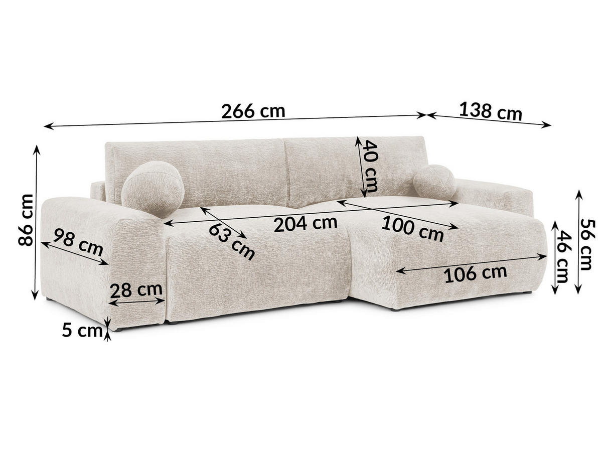 ECKSOFA Puffy mit Schlaffunktion und Bettkasten - besonders weich und puffig aus Beige Stoff mit Chenillestruktur - Ottomane rechts - Beige/Schwarz, Holz/Kunststoff (266/138cm) - S-Style Möbel