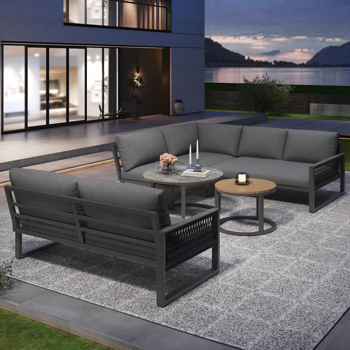 GARTENLOUNGE-SET Sitzgruppe für 6-7 Personen Gartenmöbel-Set mit verstellbare Beine - Naturfarben/Grau, Holzwerkstoff/Textil - STILVORA