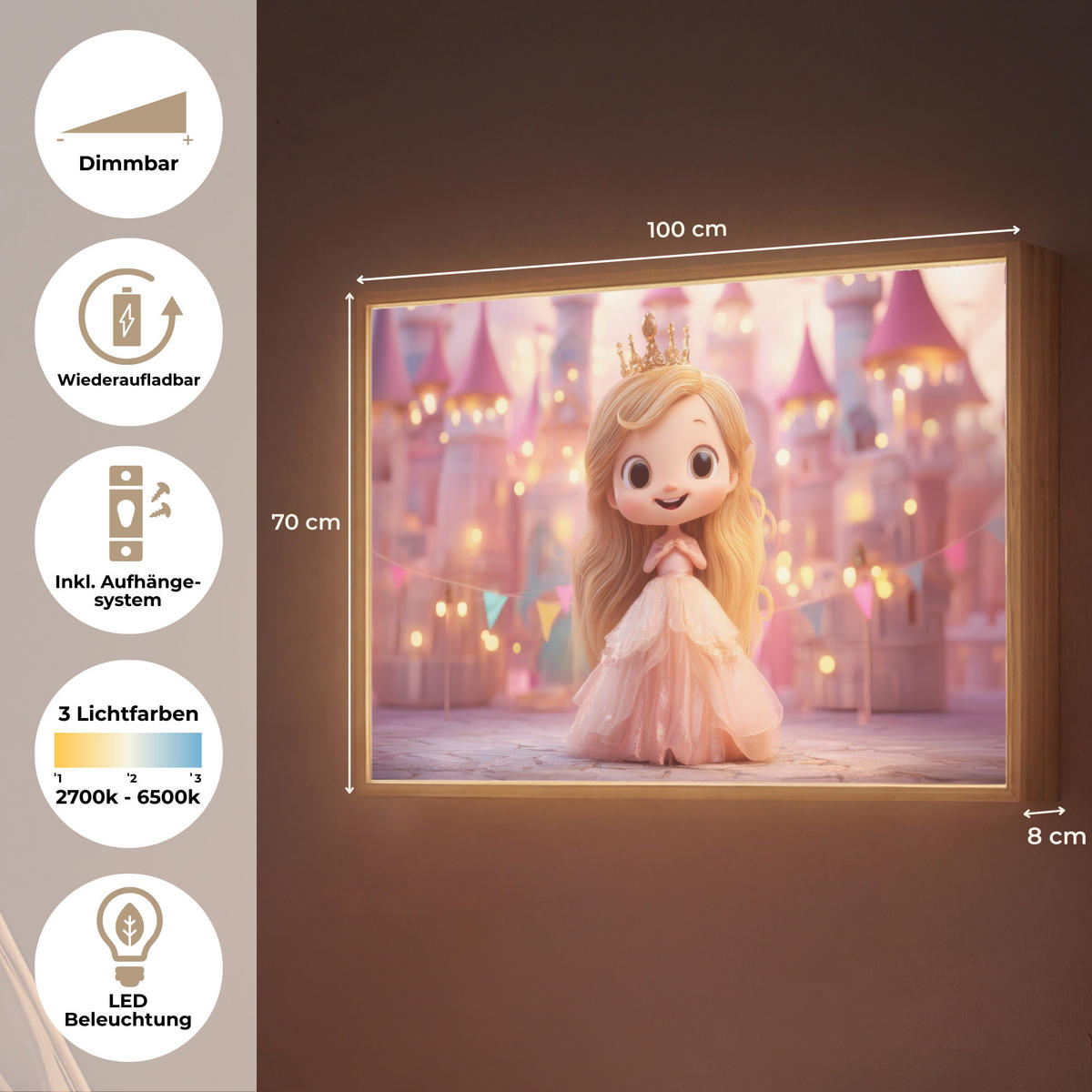 NACHTTISCHLAMPE MIT AKKU Prinzessin - Rosa - Schloss 100x70 cm - Rosa, Holzwerkstoff (8/100/70cm) - OnlyWow