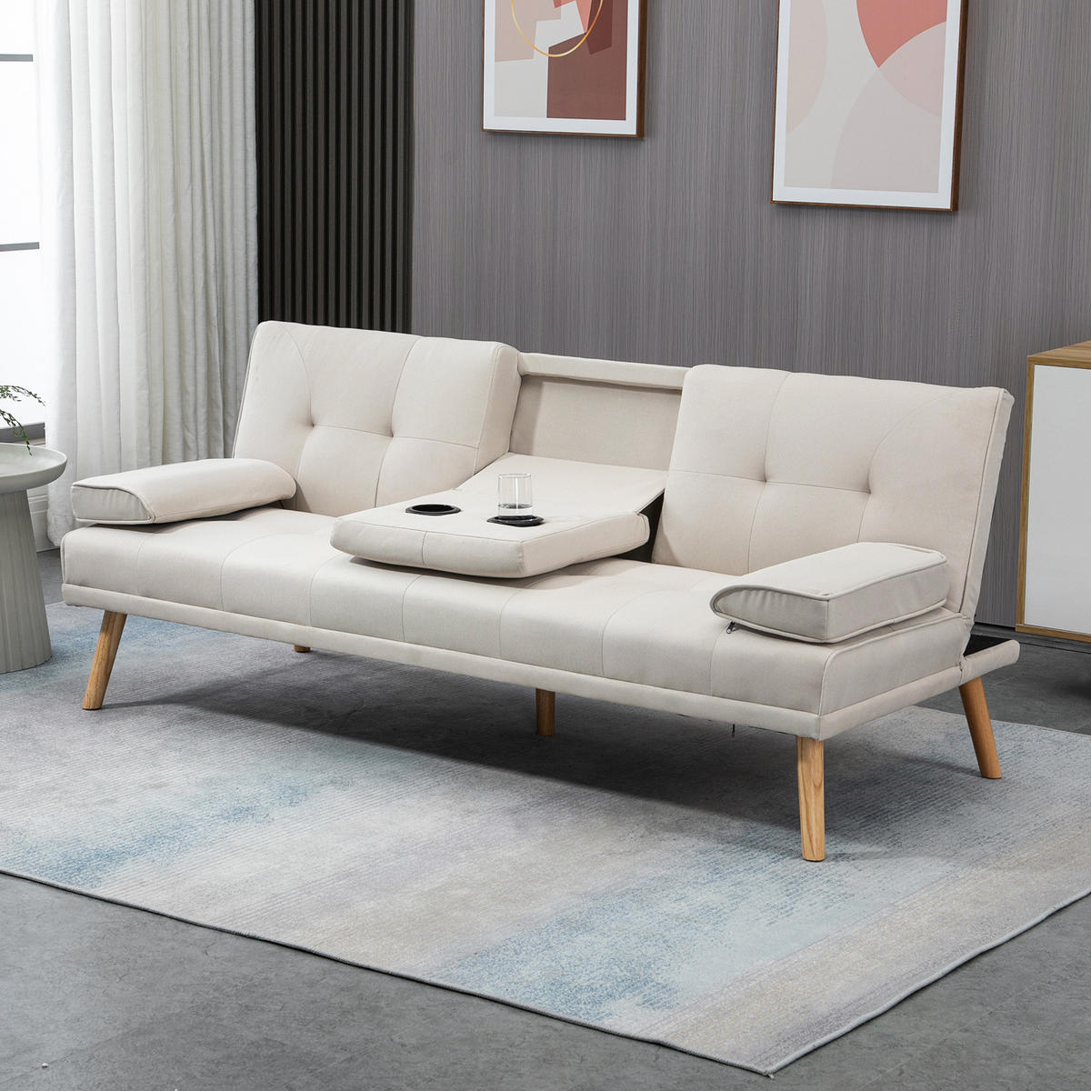 SCHLAFSOFA Sofabett Schlafcouch 3 Sitzer Leinen Beige - Beige/Naturfarben, Holz/Textil (77/78/181cm) - HOMCOM