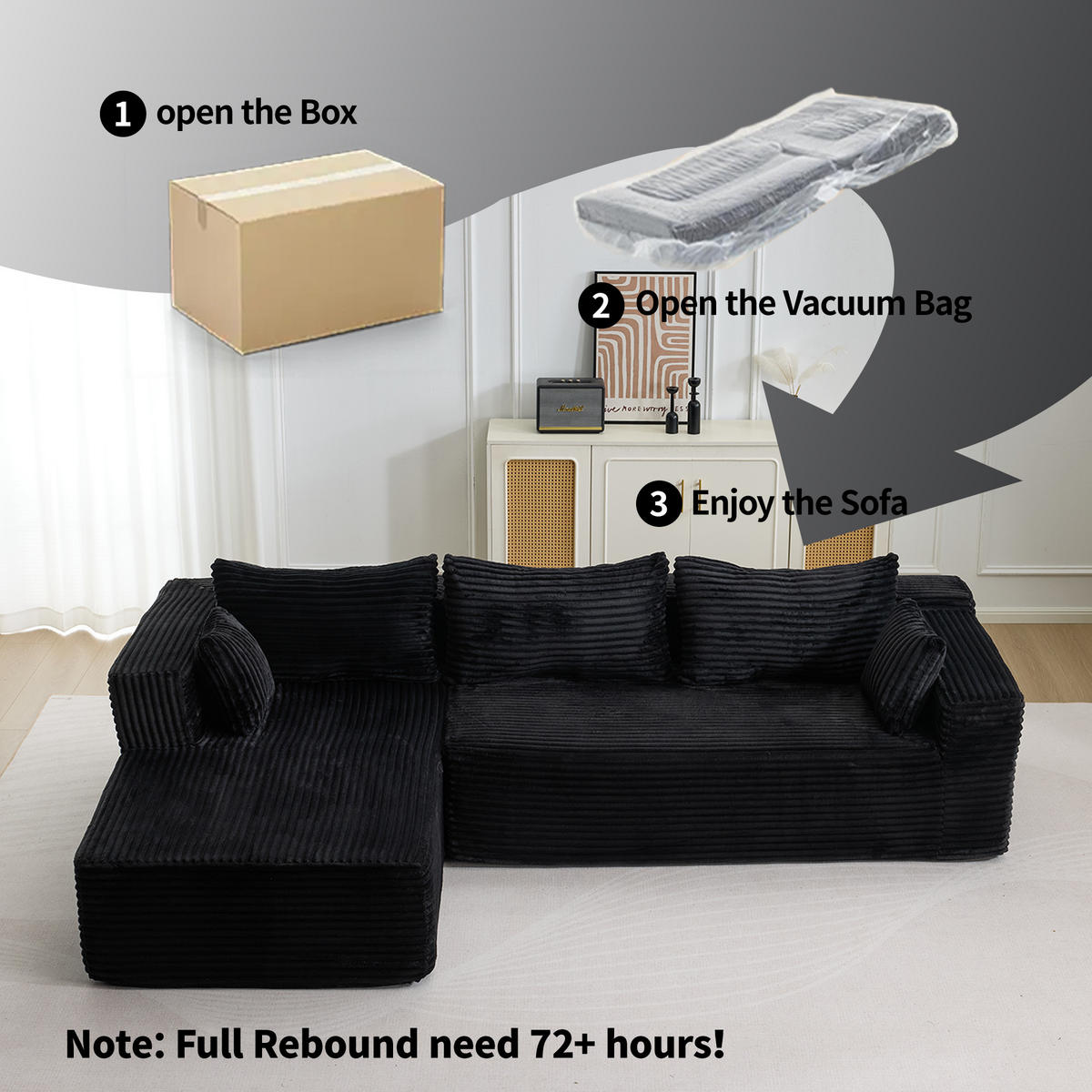ECKSOFA DE-33500 modular mit Chaise und Corduroy Schwarz - Schwarz, Textil (279/179cm) - ComfortXL
