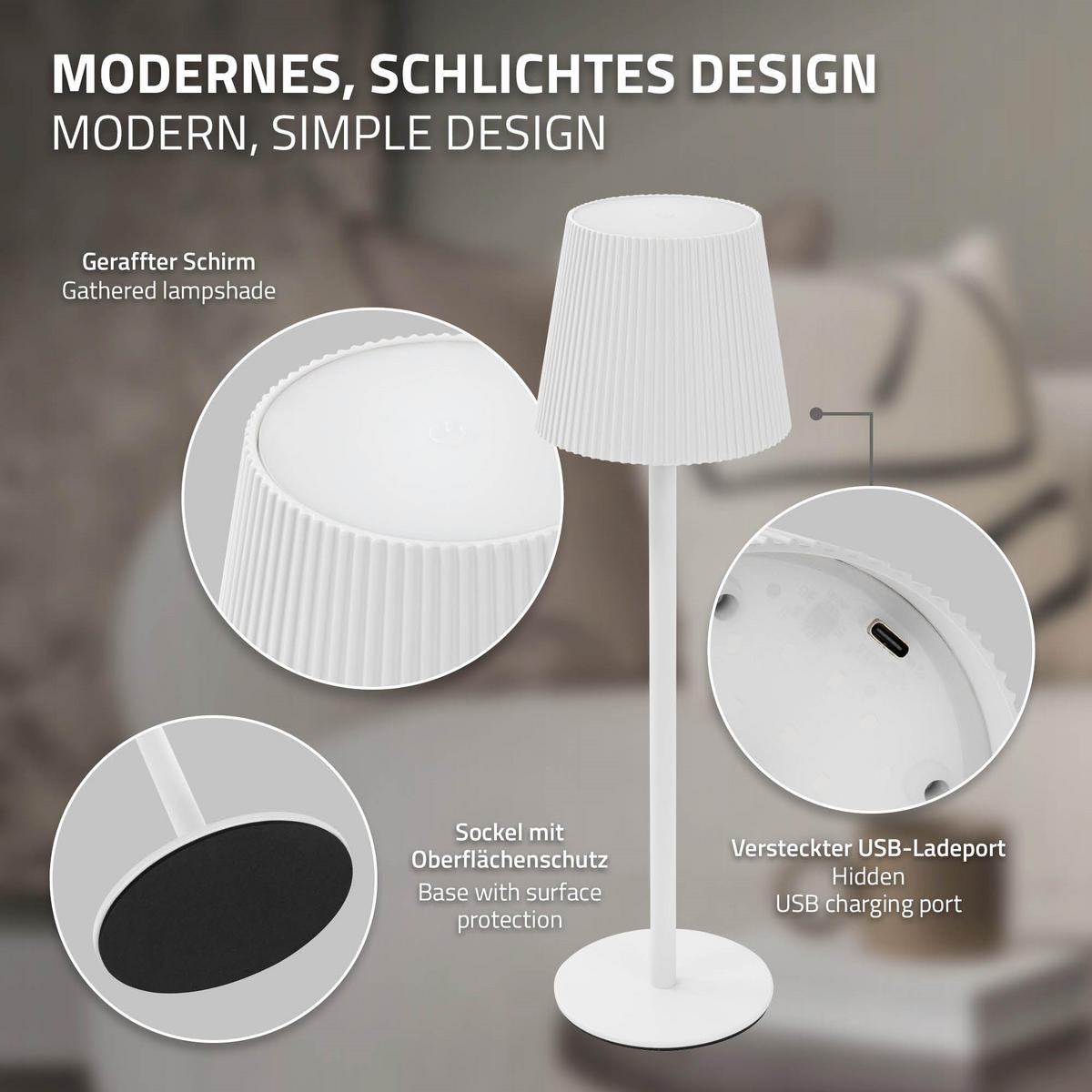 LED TISCHLAMPE kabellos mit Touch Weiß Ø10x36 cm Warmweiß Dimmbar - Weiß, Kunststoff (10/10/36cm) - ML-DESIGN