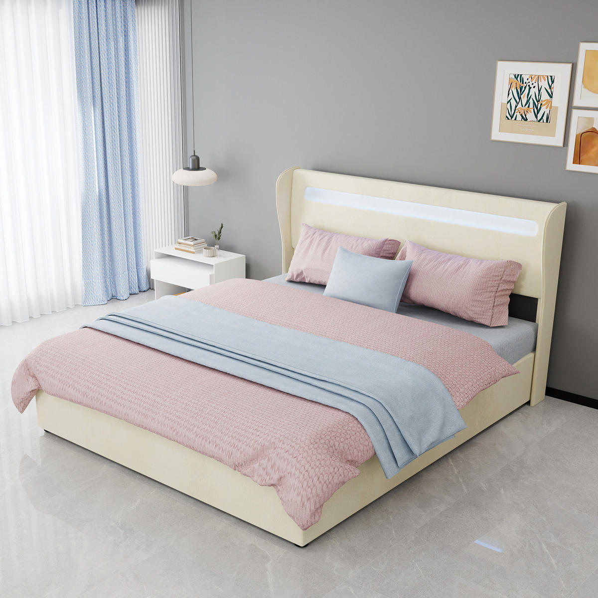 STAURAUMBETT 160/200 cm DE-32986 mit LED-Kopfteil und Matratze Beige - Beige, Metall (160/200cm) - ComfortXL