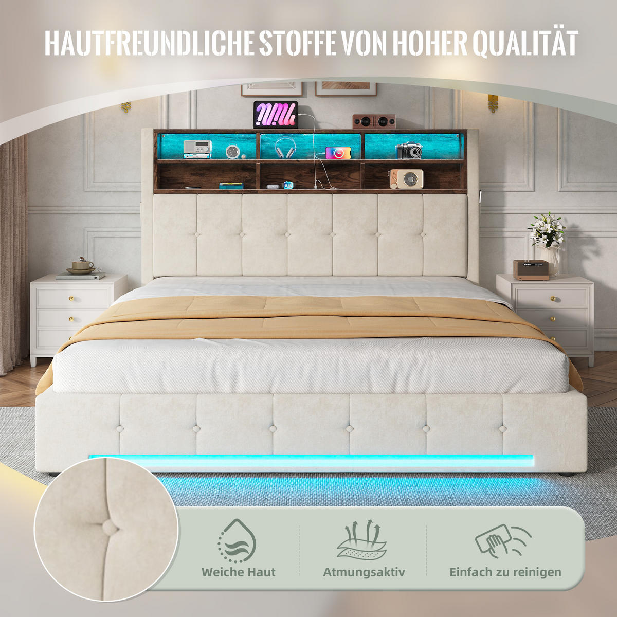 POLSTERBETT 180/200 cm in Beige mit 6 Fächern, Seitentaschen, USB-C, LED und Bettkasten aus Samt und Metall - Dunkelgrau, Holzwerkstoff/Textil - STILVORA