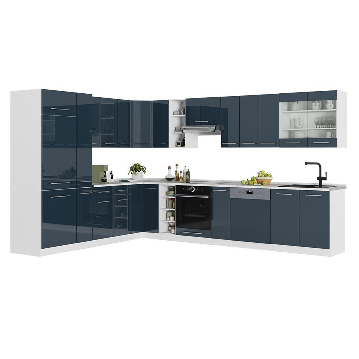 HÖRNKÖK Fame-Line, Mörkblå högblank/Vit, 347 x 257 cm, AP Marble - Vit/Mörkblå, Träbaserade material (347/206.8/60cm) - Vicco