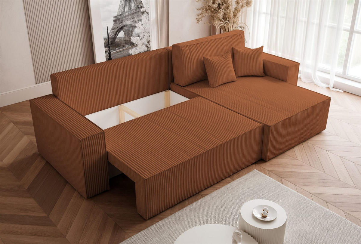 ECKSOFA Adara Max Mit Schlaffunktion - Hellbraun, Holzwerkstoff/Textil (145/276cm) - Fun Möbel