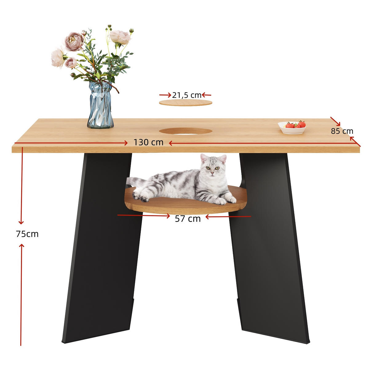 ESSTISCH aus MDF 130x85x75 cm Schwarz/Natur mit Katzenöffnung, Abdeckplatte und unterer Ablage - Schwarz, Holzwerkstoff (130/85/75cm) - Modfu
