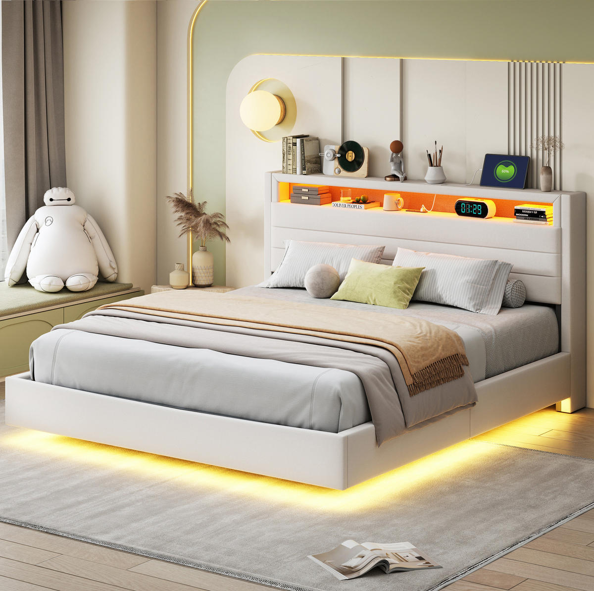 BETT mit Stauraum und LED 160x200 cm Beige - Beige, Metall (160/200cm) - Meubliv